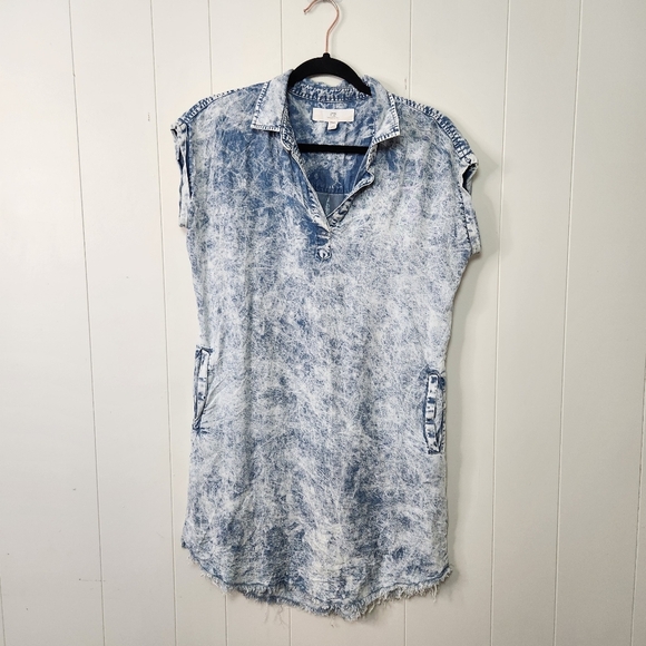 Thread & Supply Acid Wash Chambray Shirt Mini Dress Pockets Coastal Denim Xs - Picture 1 of 10